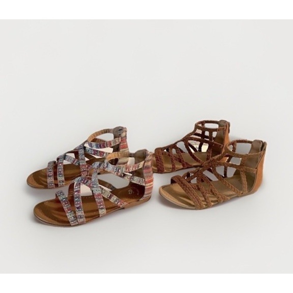 Set of 2 Pairs Girls Youth Size 2 Boho Strap Gladiator Sandals Shoes Footwear - Picture 3 of 16